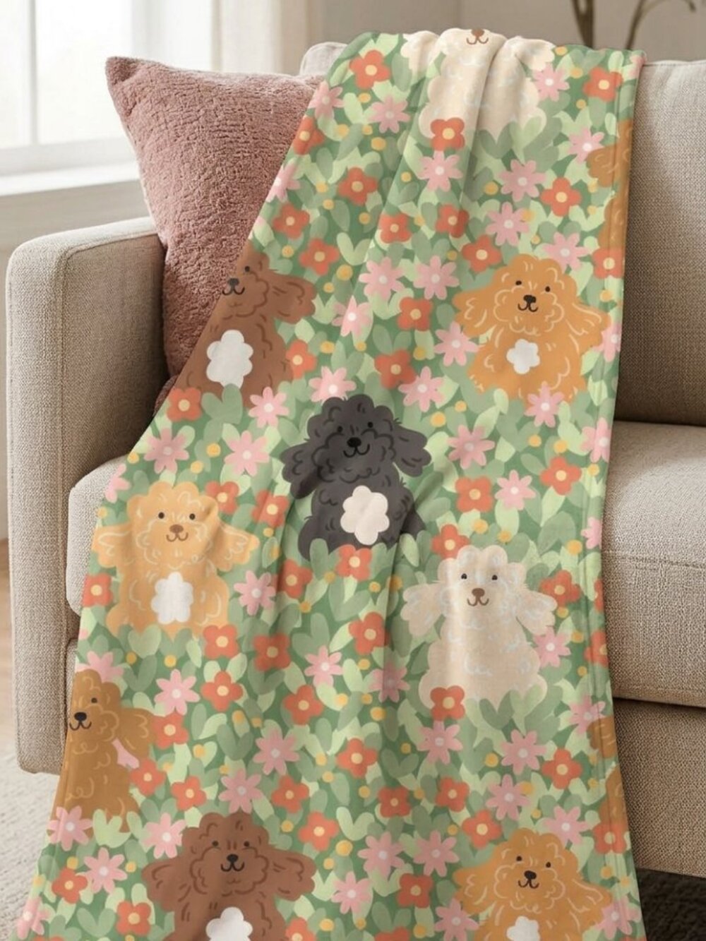 Cute Puppy Floral Print Cozy Plush Minky Blanket